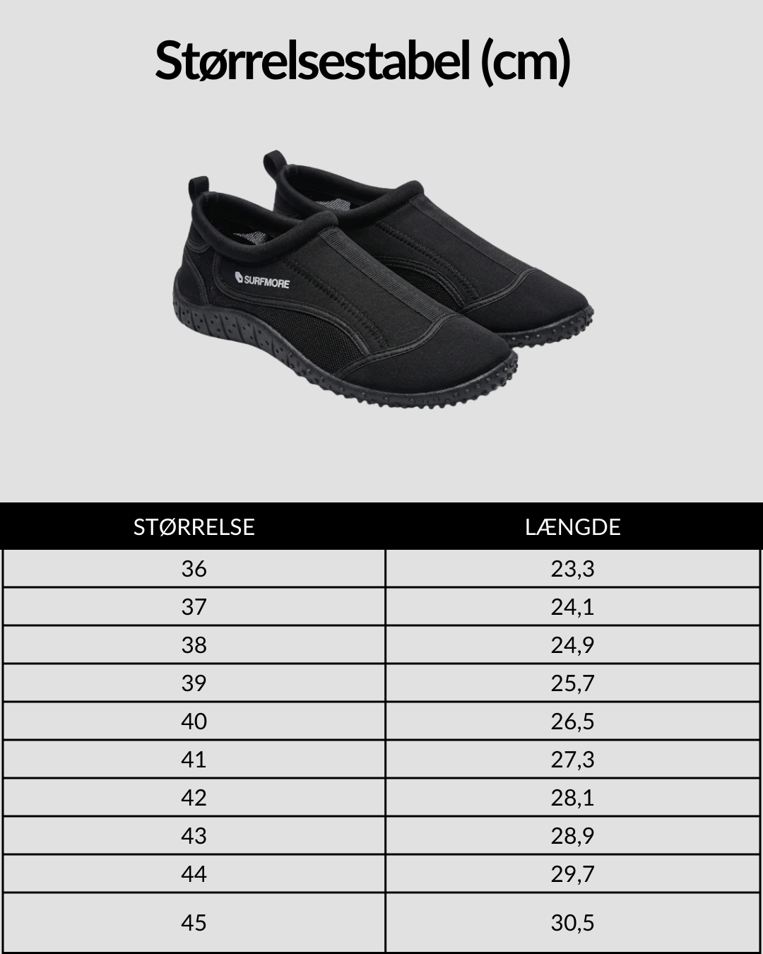 SURFMORE Neopren Badesko (2 mm) i Sort med størrelsesguide