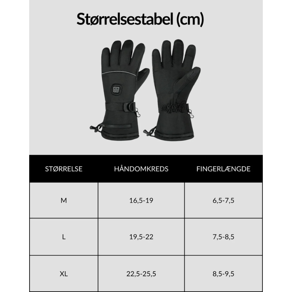 SnowRider HeatGloves 5000 i Genopladelige varmehandsker med størrelsesguide