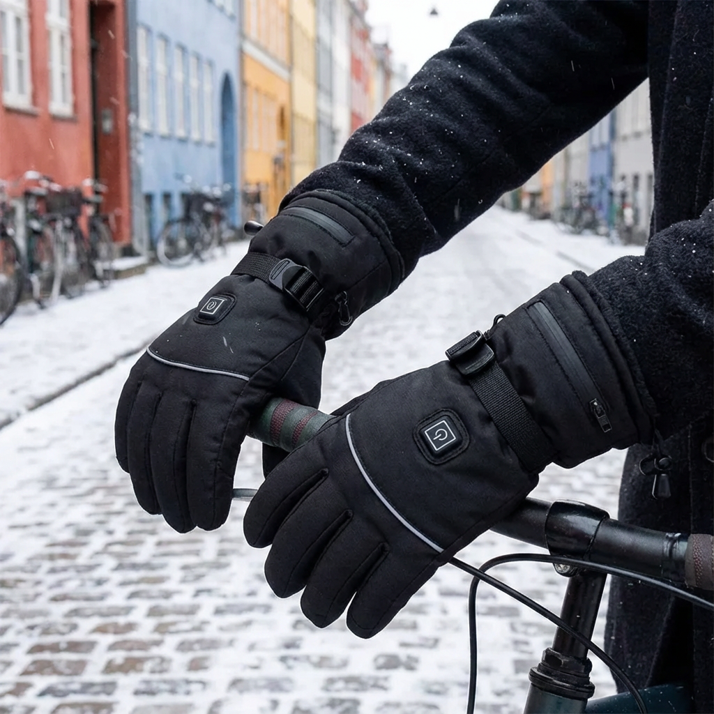 SnowRider HeatGloves 5000 Genopladelige varmehandsker i sort over en cykel